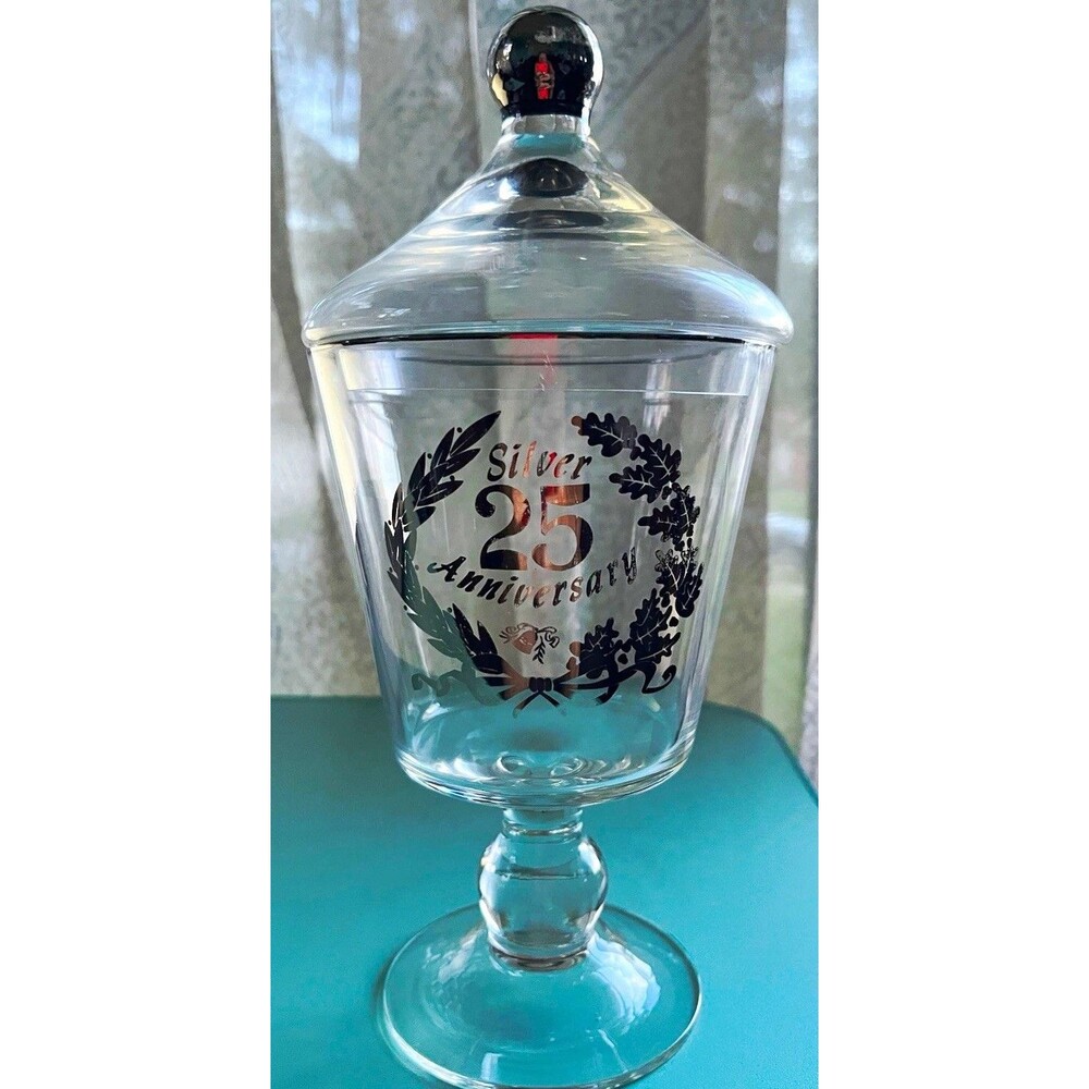 Vintage Clear Glass Candy Jar w/ Lid Silver 25 Anniversary Wreath Round WV.